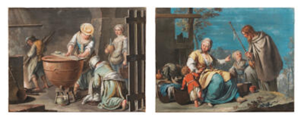 An interior with a cook, a laundress, and two other characters in the background; A pilgrim saint visiting a woman and two children by BOLOGNESE SCHOOL