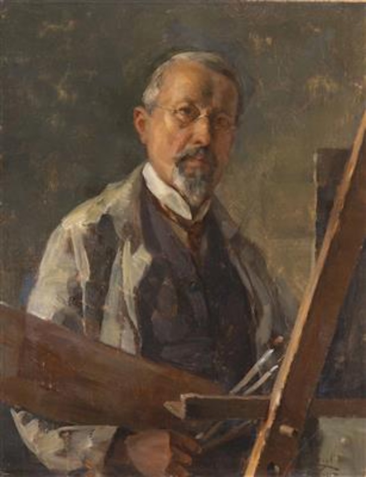 self-portrait at easel by Hugo Engl