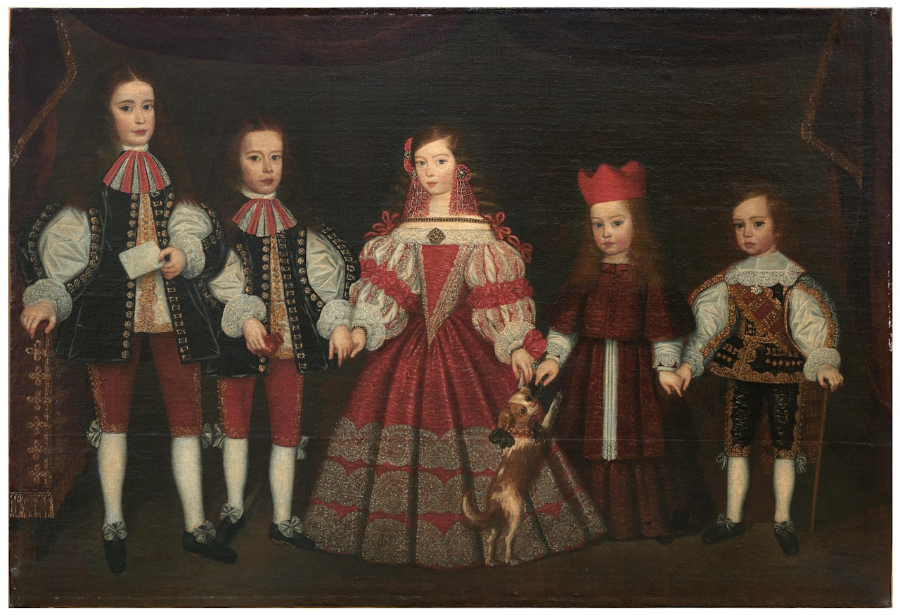 Portrait of a young girl with her four brothers, standing full-length with a dog by Spanish School