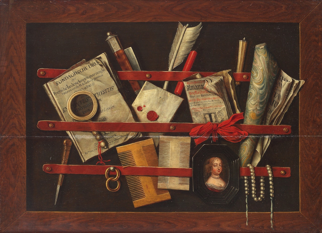 A trompe l"oeil still life of a framed letter rack with a copy of Antony Thysius"s Sondaghsche uren , a letter, a Delft Almanac, two combs, a quill, a portrait miniature and other objects by Edwaert Collier