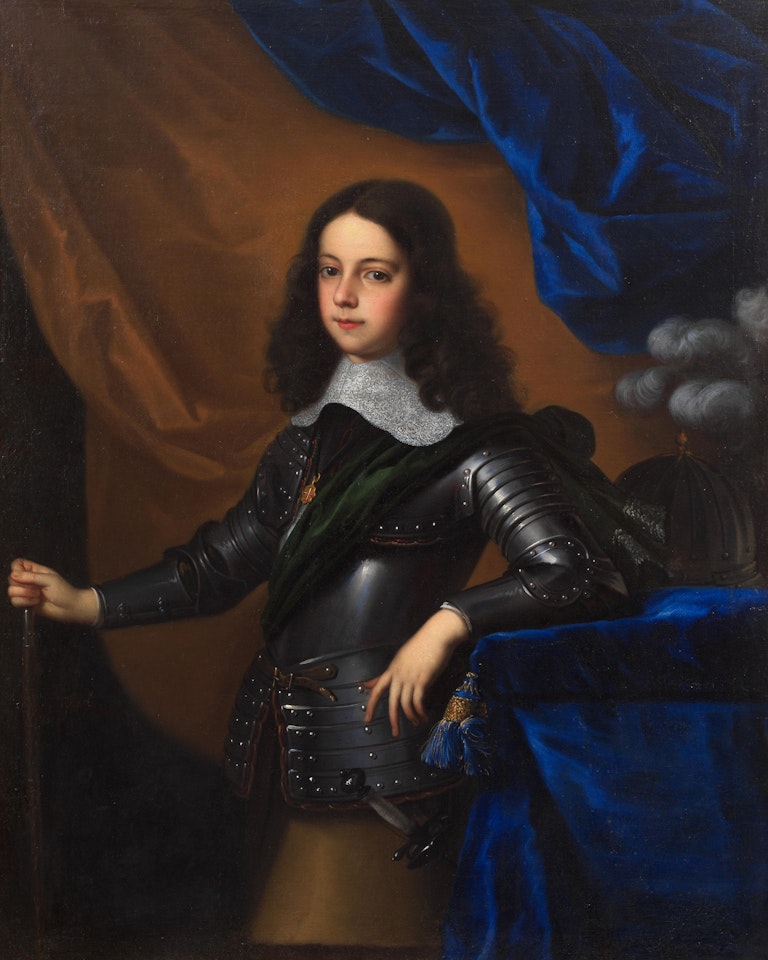 Portrait of a young Prince, possibly Philippe duc d"Orléans, standing three-quarter-length before a curtain, wearing armour, lace collar and the Vatican Order of Christ, holding a bâton in his right hand, his left arm leaning on a draped pedestal by French School