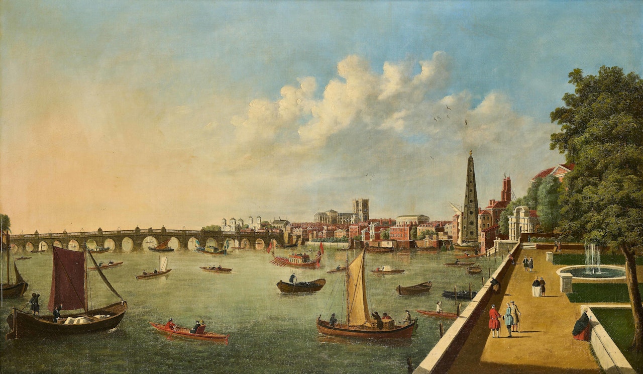 The Thames, London, from Somerset House Terrace, looking towards Westminster by Follower of Canaletto