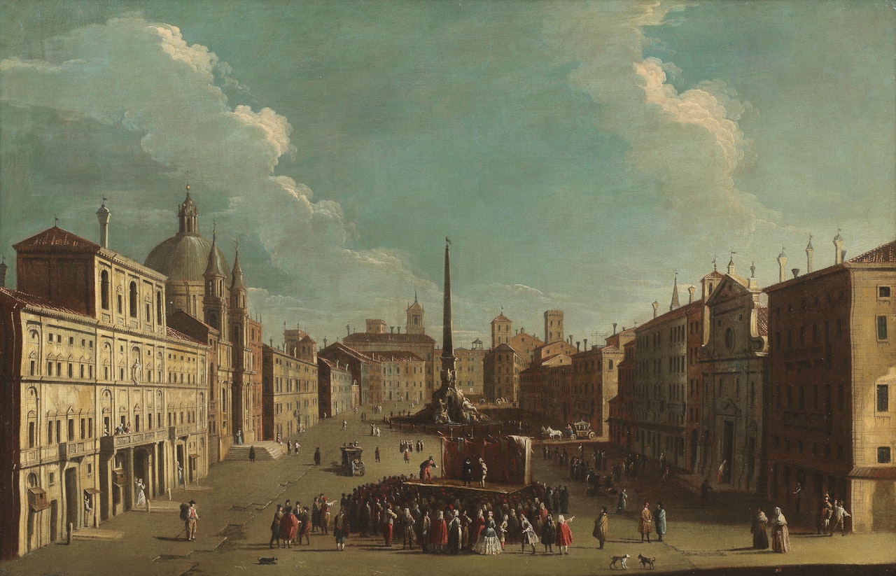 View of Piazza Navona, Rome, with a Commedia dell"Arte theatrical performance by Venetian School