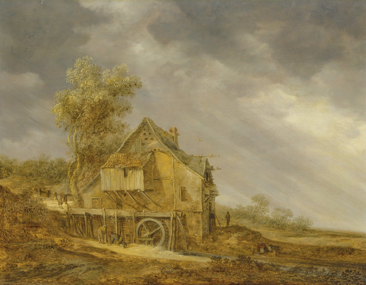 A water mill with figures in a landscape by Jan van Goyen