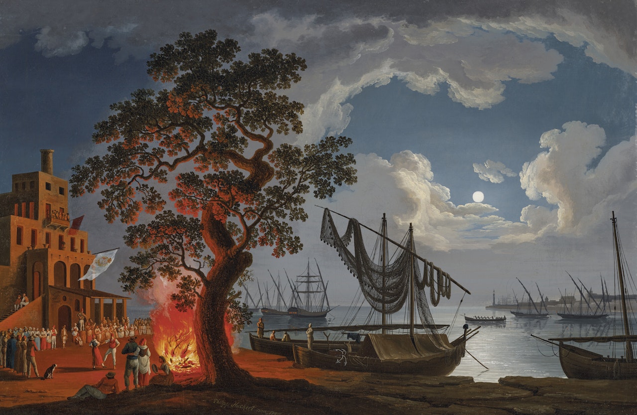 A customs house, with dancers and musicians next to a fire, boats in a bay beyond (possibly the harbour of Castellamare di Stabia, Bay of Naples) by Jacob Philipp Hackert