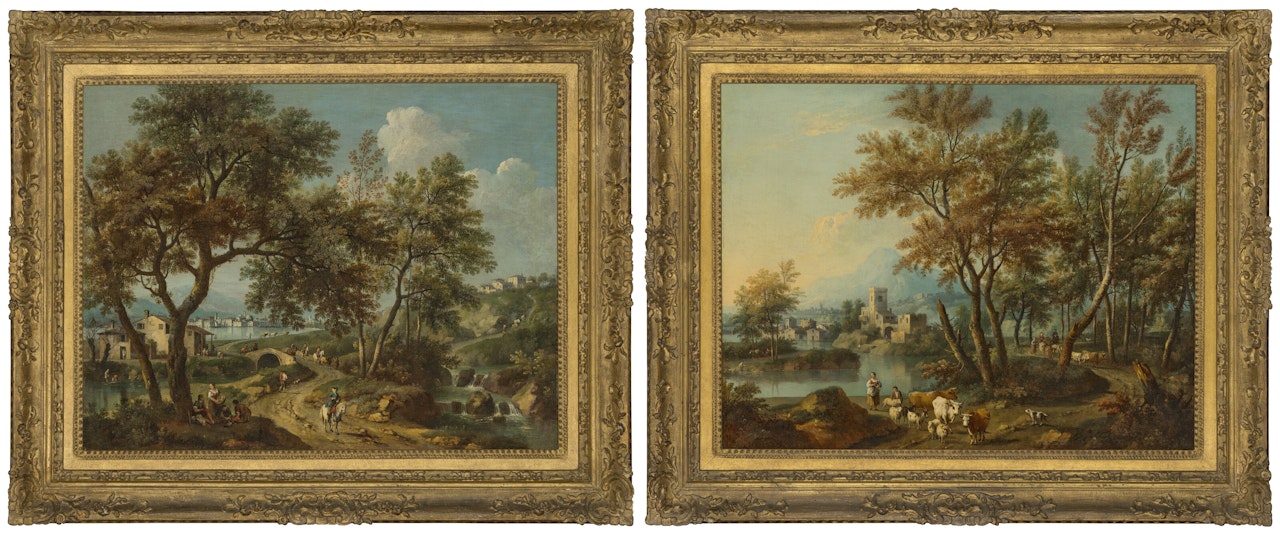 An Italianate landscape with a view of Lake Garda and Salo in the distance, with figures on a bridge; and An Italianate landscape with a view of Lake Garda with a shepherd and shepherdess watering their flock at a river by Giovanni Battista Cimaroli