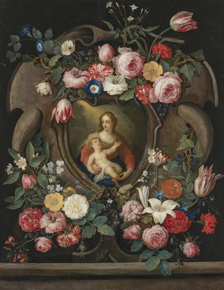 The Virgin and Child in a sculpted cartouche, surrounded by garlands of flowers by Jan Van Kessel The Elder