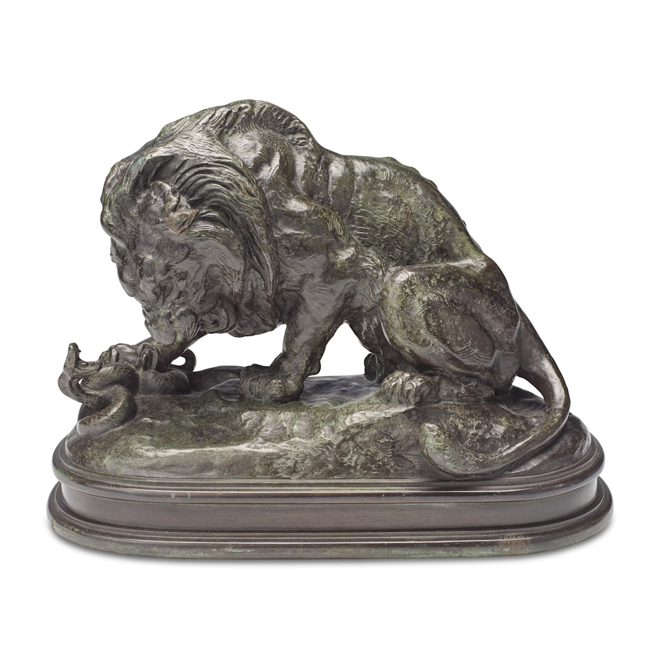 A patinated bronze model of "Lion au serpent (Lion attacking a serpent) No. 1" by Antoine-Louis Barye