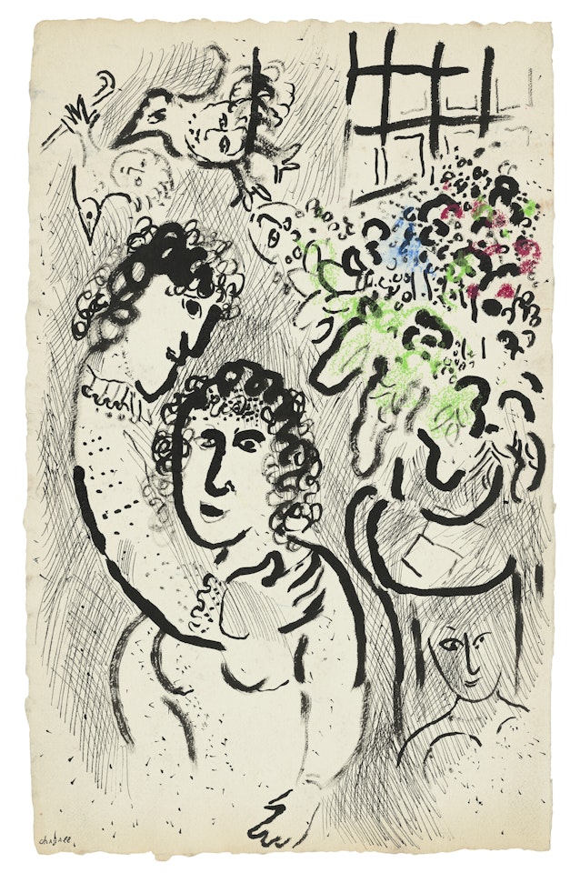 Rencontre à l"atelier avec bouquet by Marc Chagall