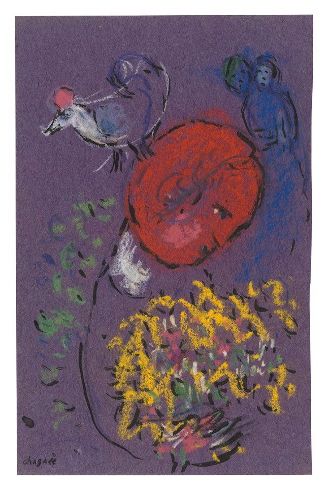 Profil orange au bouquet sur fond mauve by Marc Chagall