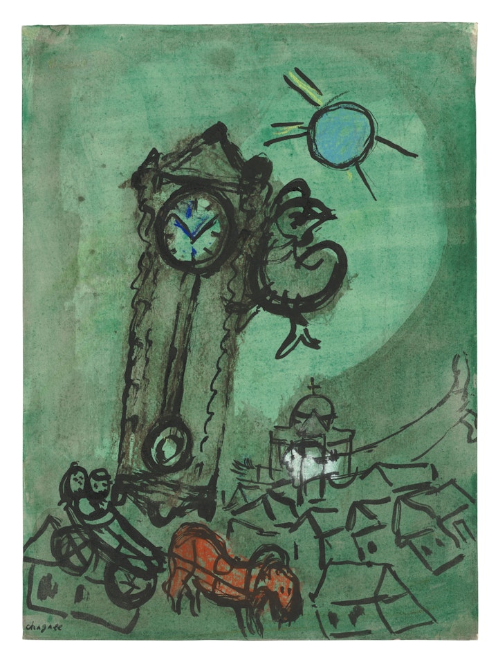 Etude pour Pendule aux amoureux sur fond vert ou Etude pour Le matin du monde; Etude pour Pendule aux amoureux sur fond vert ou Etude pour Le matin du monde by Marc Chagall