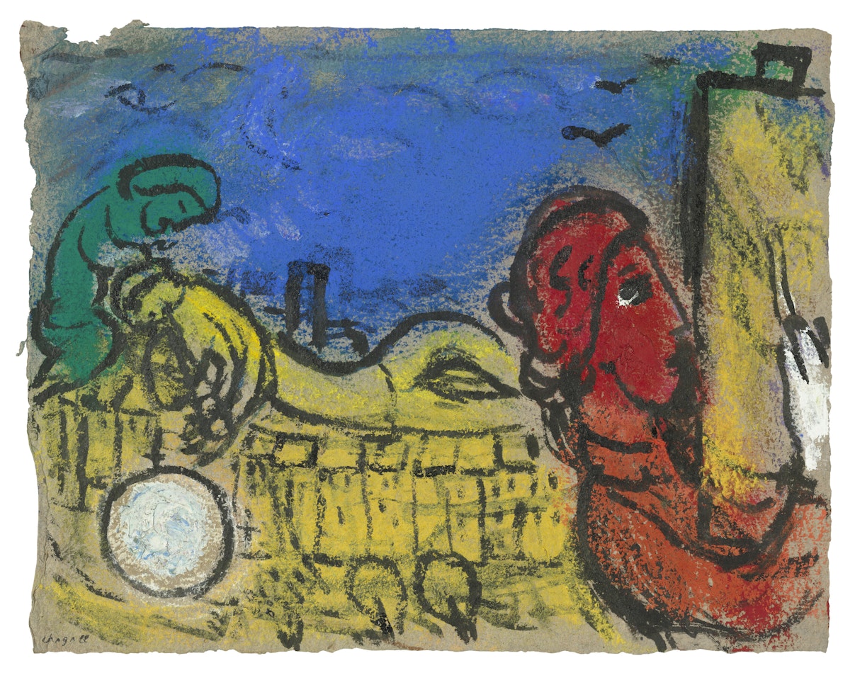 Peintre en rouge et sa déposition sur toits jaunes by Marc Chagall
