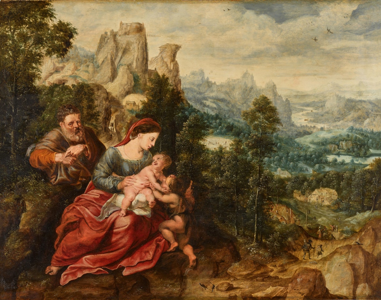 The Holy Family with the Infant Saint John the Baptist in an extensive landscape with travellers by Herri met de Bles