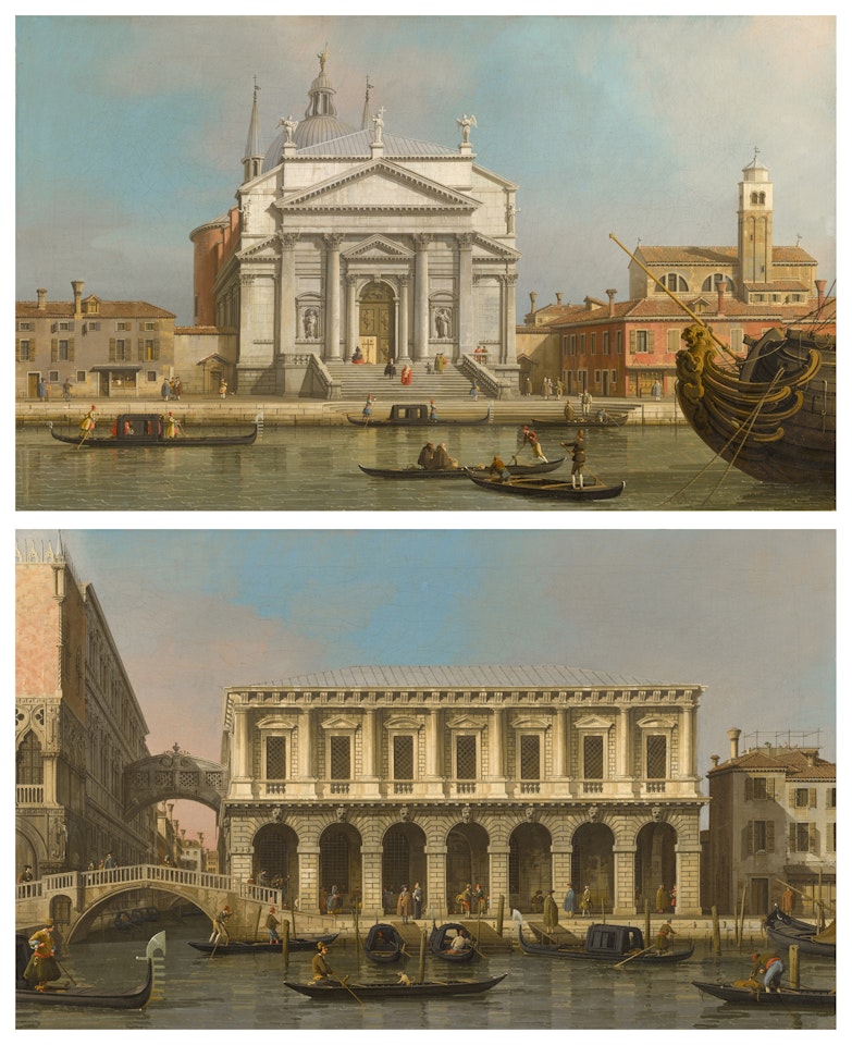 Venice, a pair of views: The Churches of the Redentore and San Giacomo ; The Prisons and the Bridge of Sighs by Canaletto