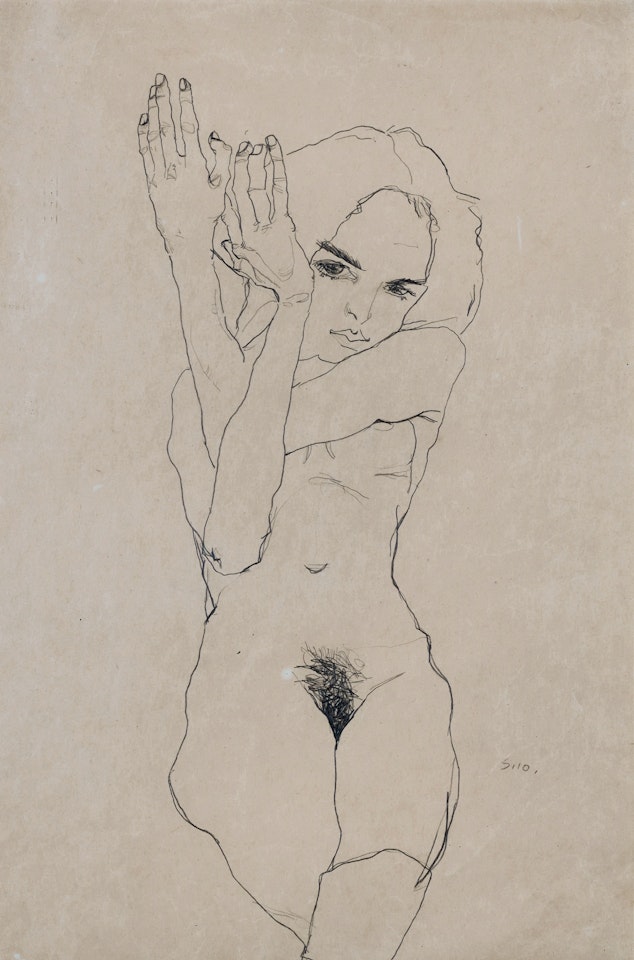 Junges Mädchen mit verschränkten, seitlich rechts zum Kopf erhobenen Armen (Nude Girl with Folded Arms Raised to the Right Side of Head) by Egon Schiele