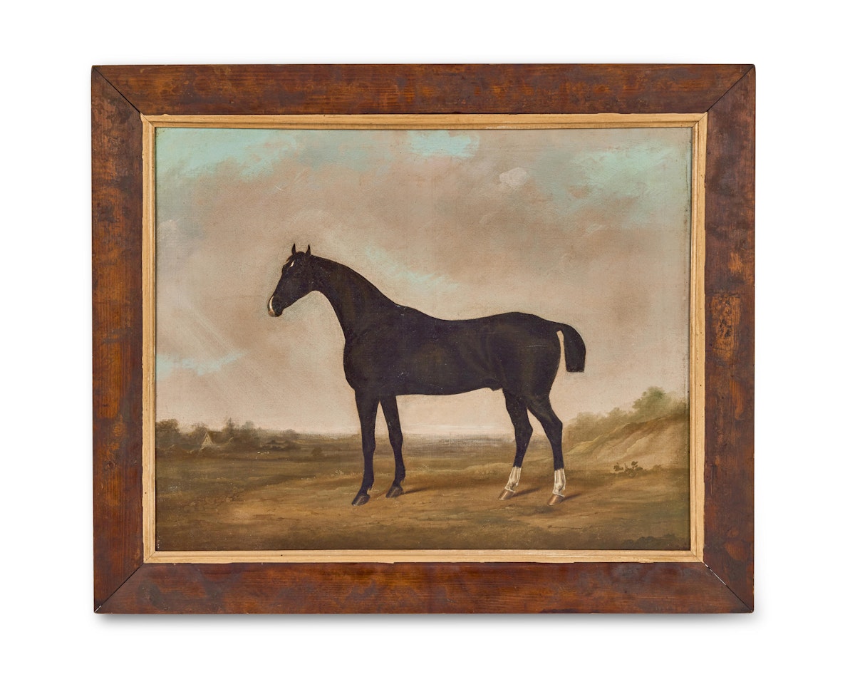 A black horse with two white socks and a white star in a landscape by English School