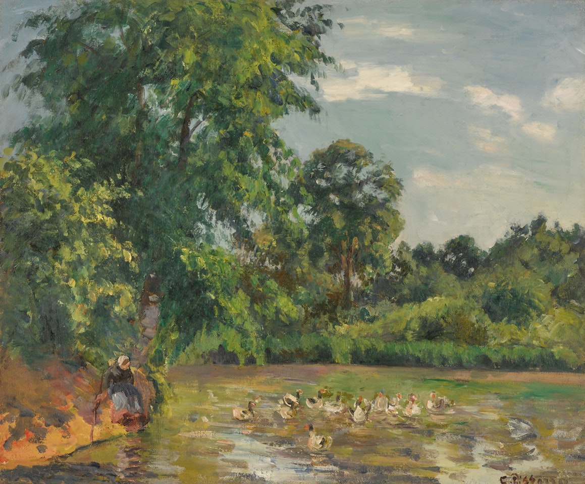 Canards sur l"étang de Montfoucault by Camille Pissarro