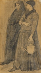 Two women strolling, one of them carrying a kettle