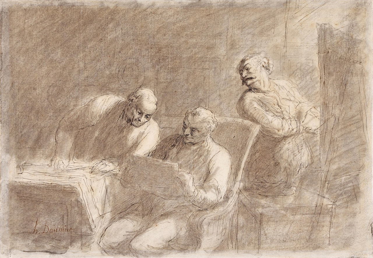 An artist and two connoisseurs in a studio by Honoré Daumier