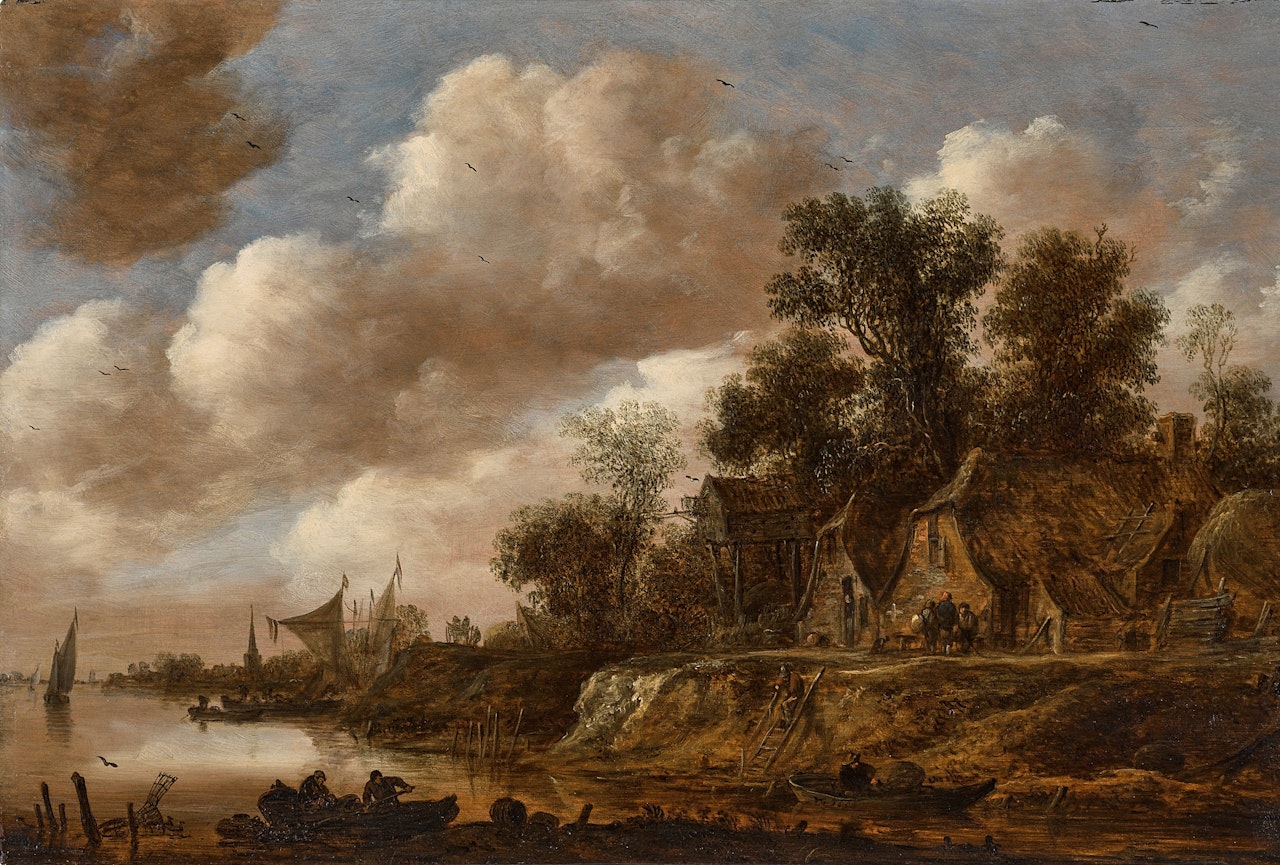 River landscape with a village by Jan van Goyen