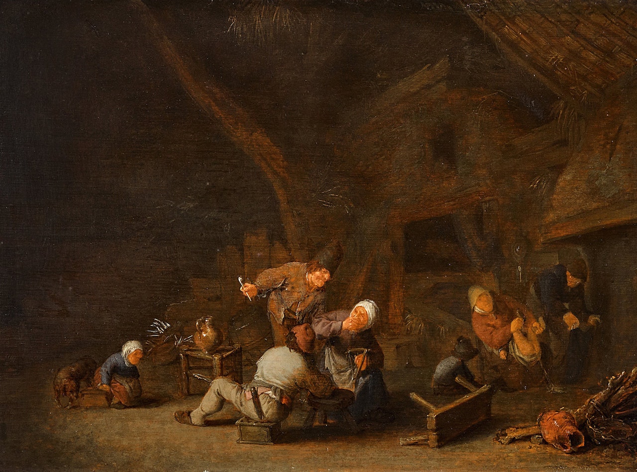 Interior of a barn with peasants carousing ("The sense of smell") by Adriaen van Ostade