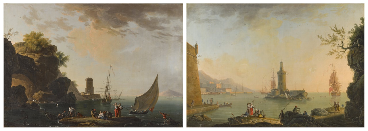 A pair of seascapes: An inlet near Naples with a fortress and fisherfolk; A Neapolitan port with a lighthouse and figures by Thomas Patch