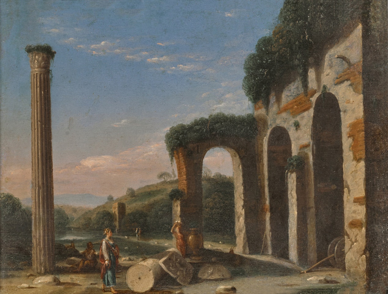 A capriccio landscape with figures beside ancient ruins and a column by Roman School