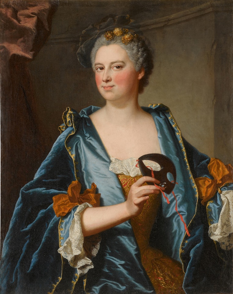 Portrait of Madame Grimond de La Reynière, née Marie-Madeleine Mazade (1716-1773), half-length, in a blue velvet cloak and holding a costume mask by Hyacinthe Rigaud