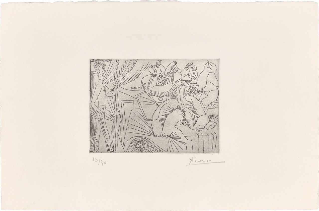 ”Raphaël et La Fornarina. XXII: Michel-Ange sous le lit; entre Piero Crommelynck” by Pablo Picasso