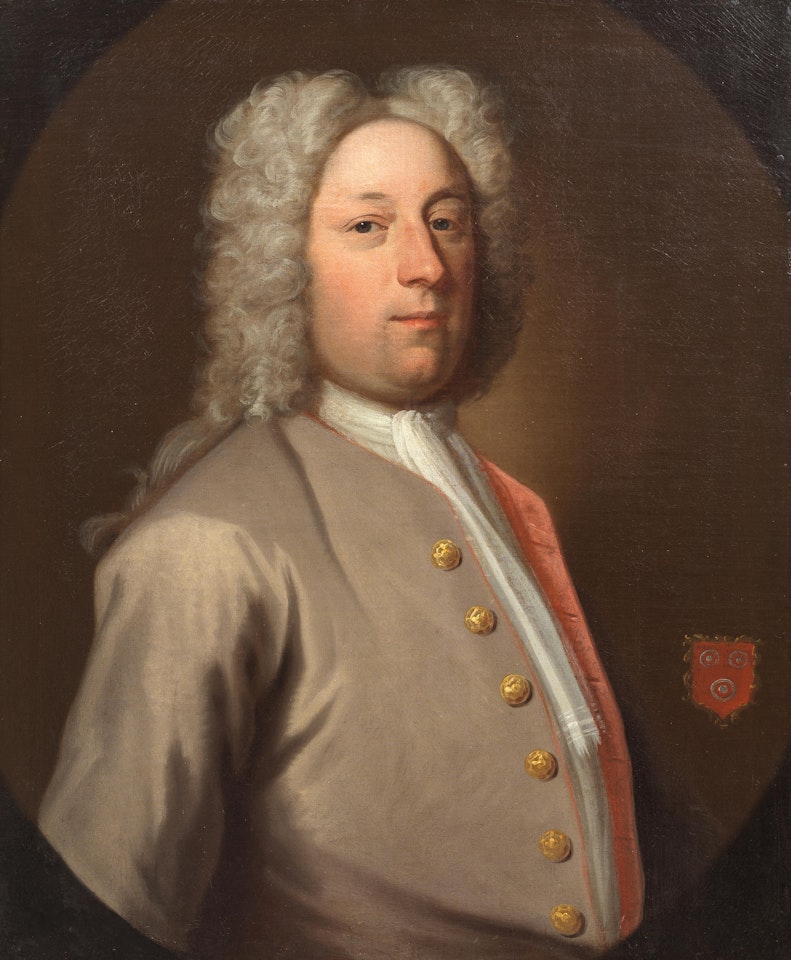 Portrait of Philip Musard, bust-length, in a grey coat, within a painted oval; and Portrait of Constance Musard, bust-length, in red, within a painted oval by English School