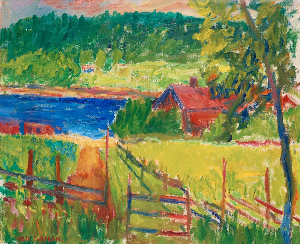 Red Cottage by the inlet by Ivan Ivarson