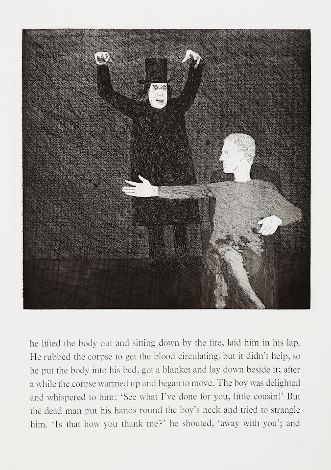 "The boy who left to learn fear", ur: "Illustrations for six fairy tales from the brothers Grimm" by David Hockney