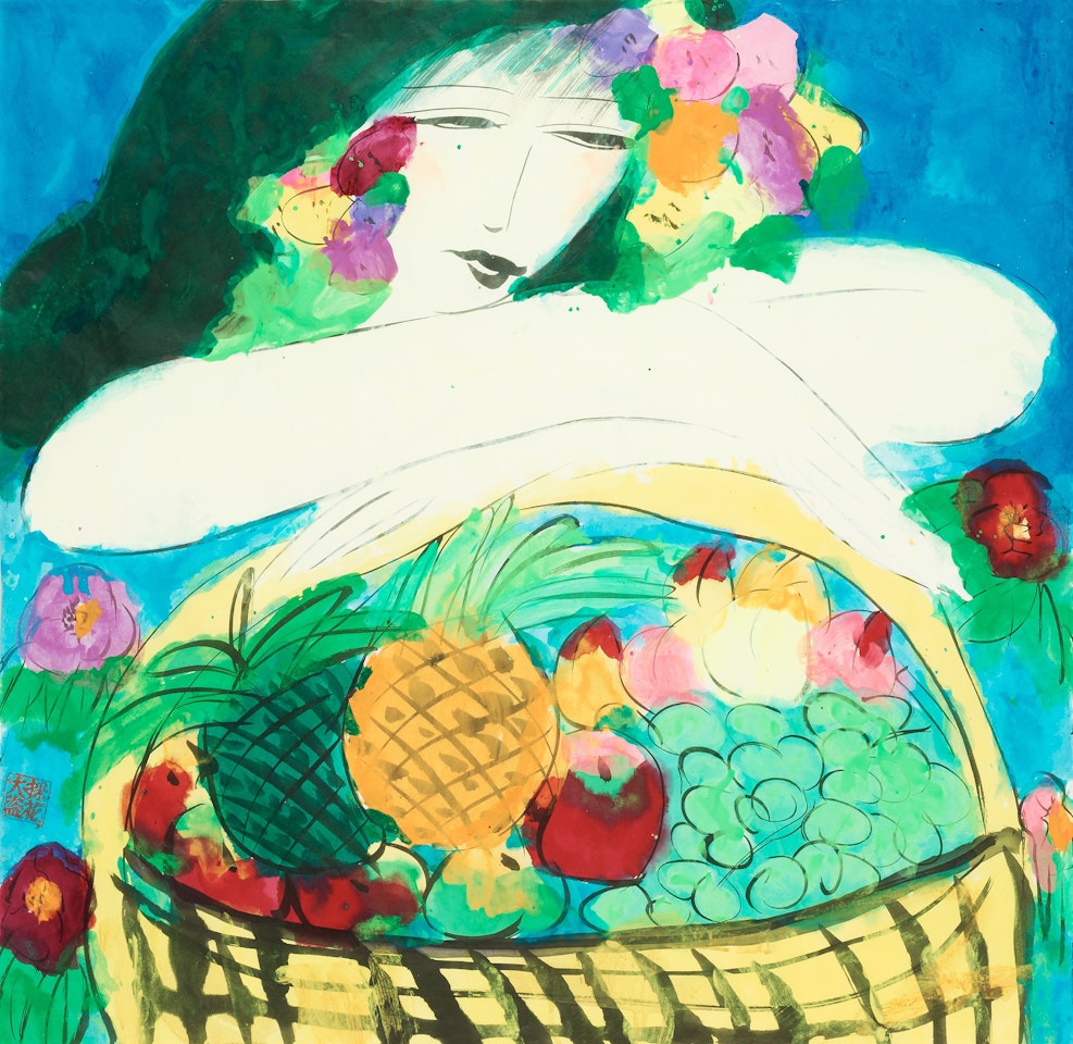 Woman with fruit basket by Walasse Ting