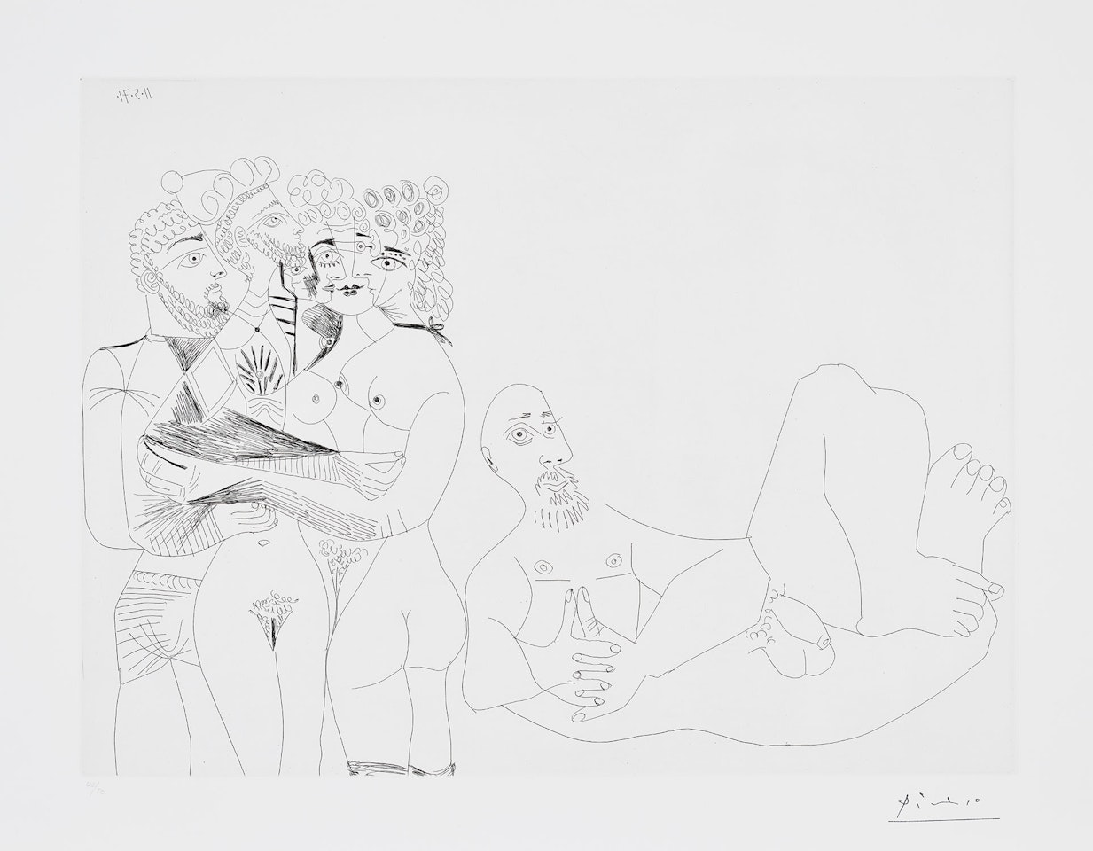 Barbu fantasmant, femmes, homme, et homme grec au corps de femme (Reclining Male Nude and Five Embracing Nudes, One a Hermaphrodite), plate 122 from Séries 156 (Bl. 1977, Ba. 1986) by Pablo Picasso