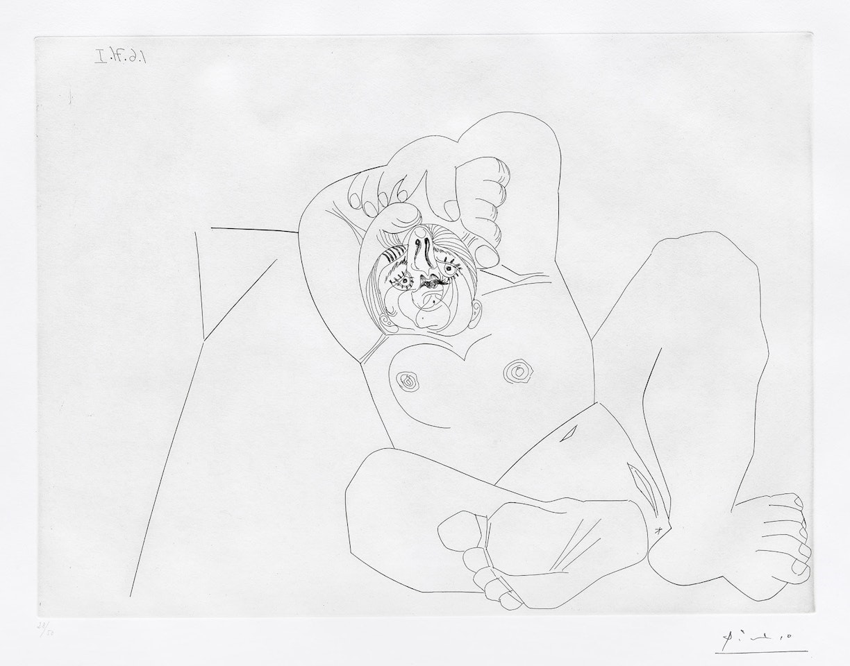 Femme au grand nez, en raccourci, sur un lit (Woman with Big Nose, in Foreshortening, on a Bed), plate 139 from Séries 156 (Bl. 1993, Ba. 2003) by Pablo Picasso