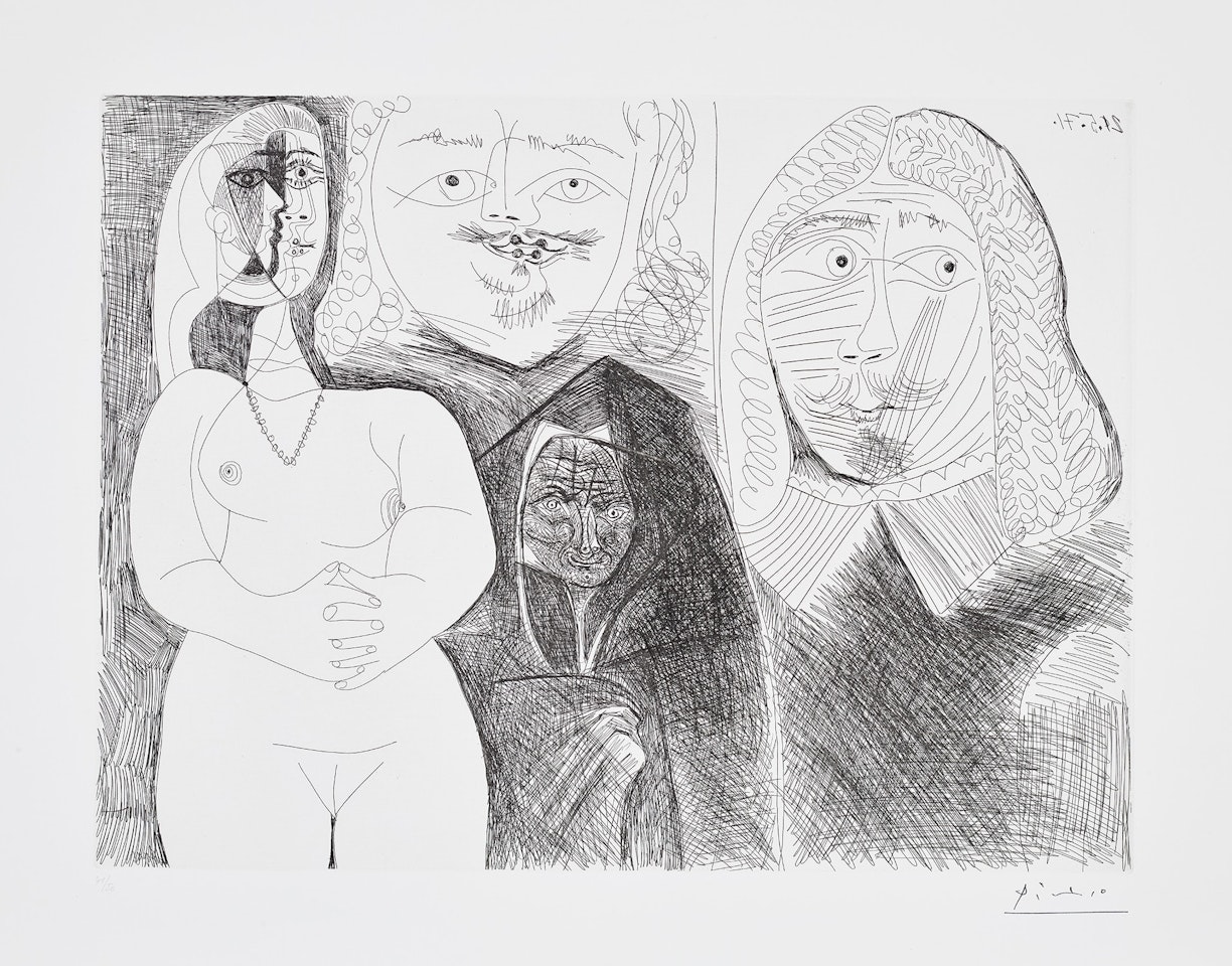 Célestine et fille, avec deux hommes en costume du XVIIe Siècle (Célestine and Daughter, with Two Men in 17th Century Costume), plate 132 from Séries 156 (Bl. 1987, Ba. 1997) by Pablo Picasso