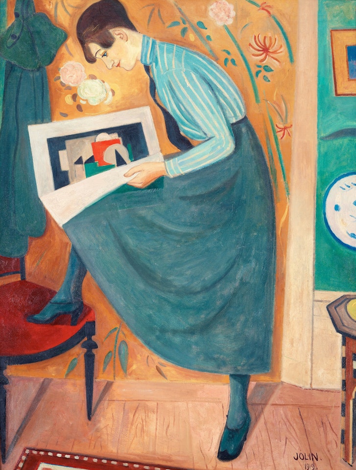 "Ung dam läsande konsttidskrift" (Young woman reading art magazine) by Einar Jolin