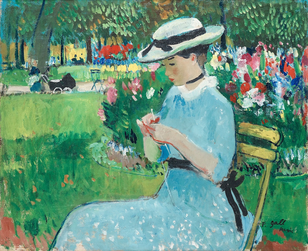 "Eugénie en bleu, tricote au Jardin du Luxembourg" by François Gall