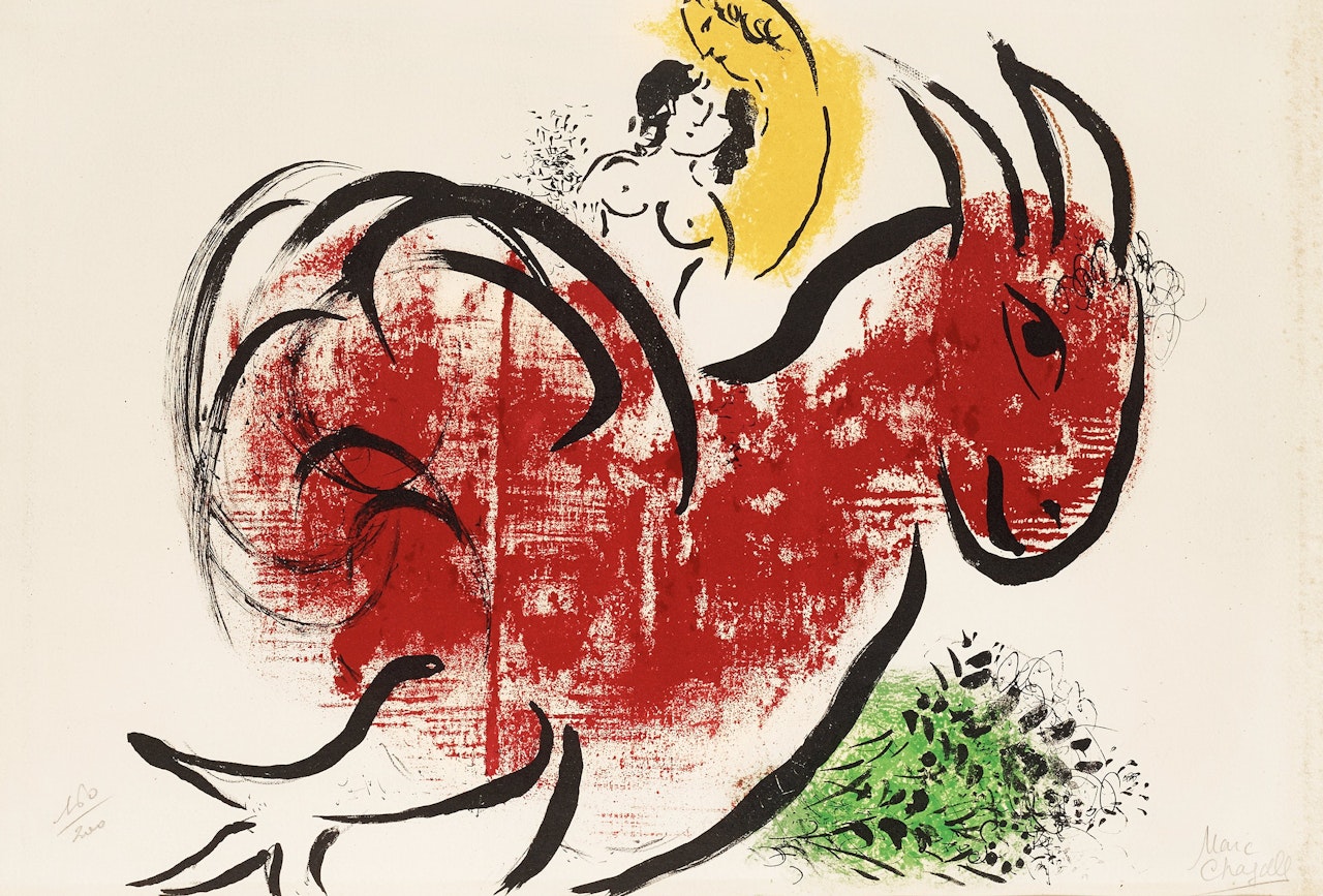 "Le coq rouge", from: "Derrière le Miroir no 44-45". by Marc Chagall