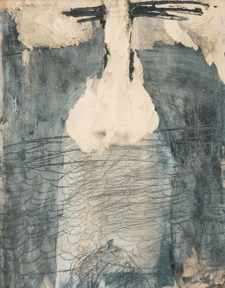 "Grafismes sobre papel color oliva amb esquincats" by Antoni Tapies