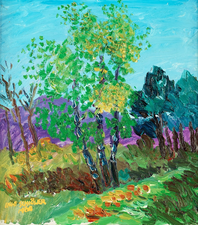 Landscape with blooming tree by Inge Schiöler