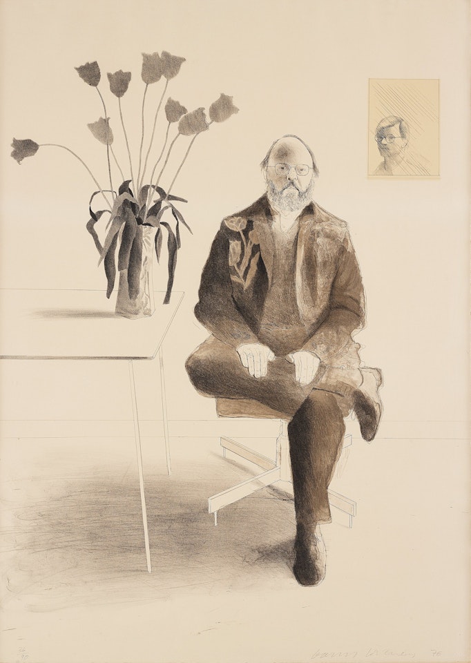 "Henry seated with tulips" by David Hockney