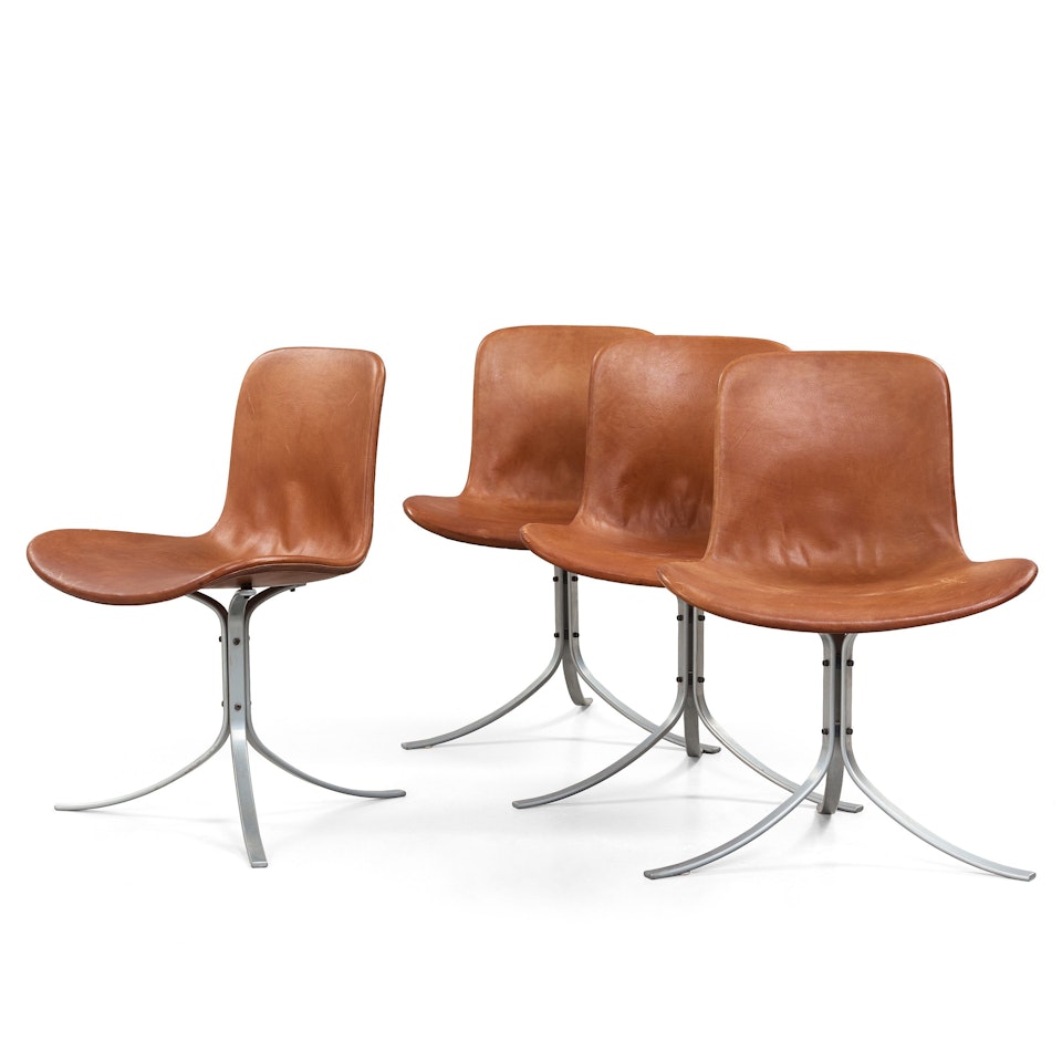 a set of four "PK-9" brown leather and steel chairs by Poul Kjaerholm