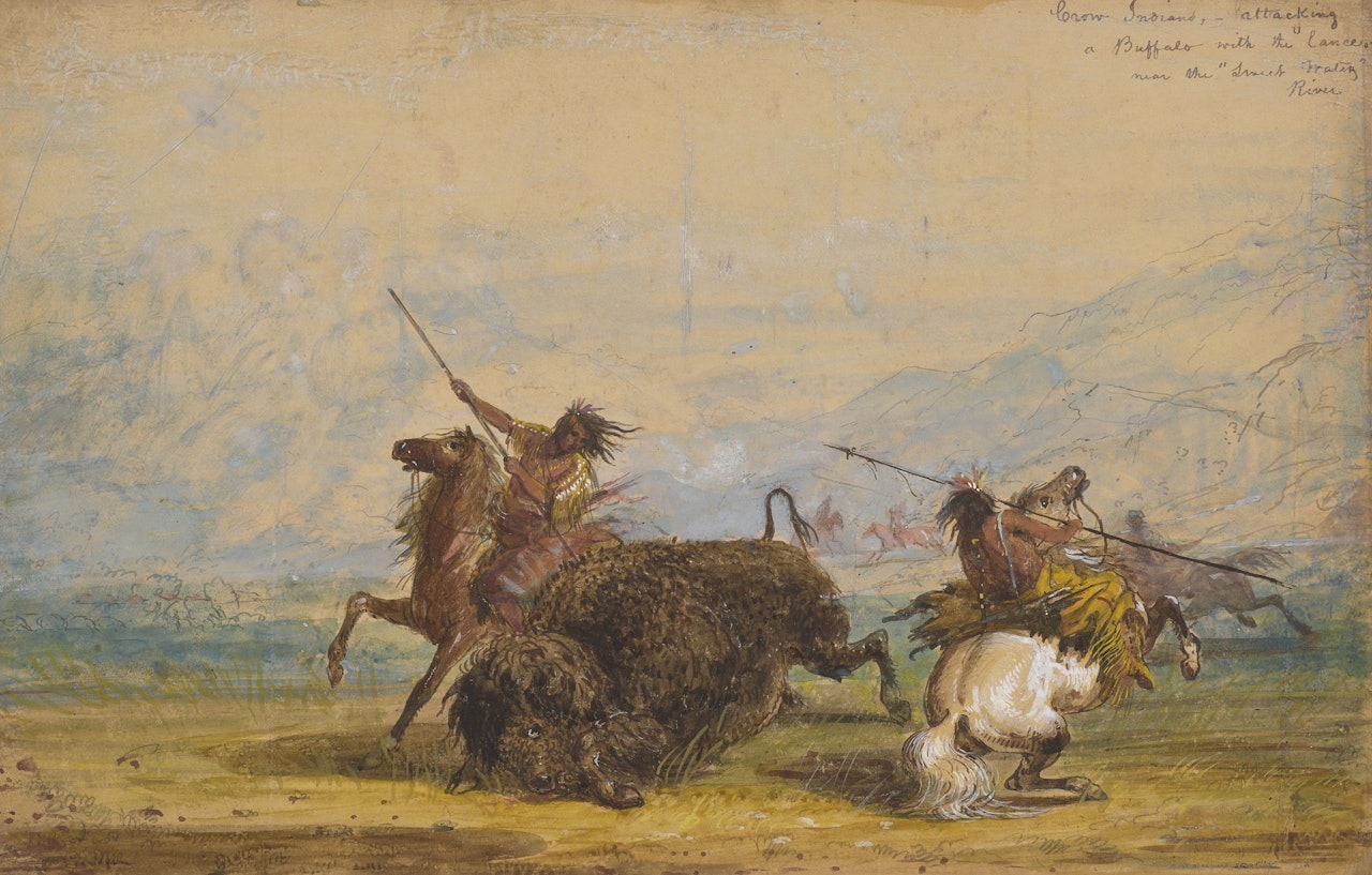 Crow Indians Attacking a Buffalo with the Lance Near the Sweet Water River by Alfred Jacob Miller