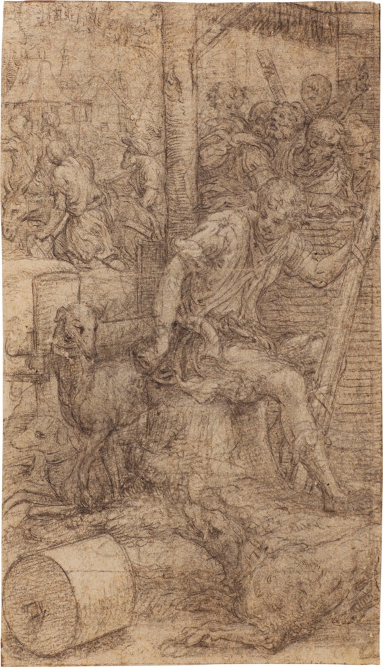A young shepherd seated on a tree trunk, three dogs beside him, figures beyond and houses in the background by Giulio Campi