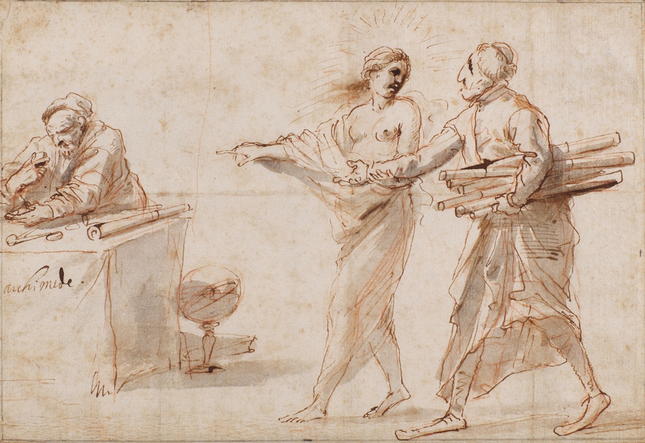 A muse presenting Simonelli to Archimedes, seated at a table by Pier Francesco Mola