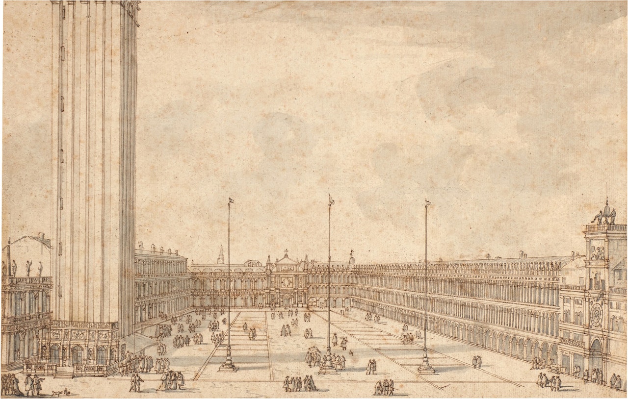 View of St Mark's square from St Mark's church, with the church of St. Giminiano by Luca Carlevarijs