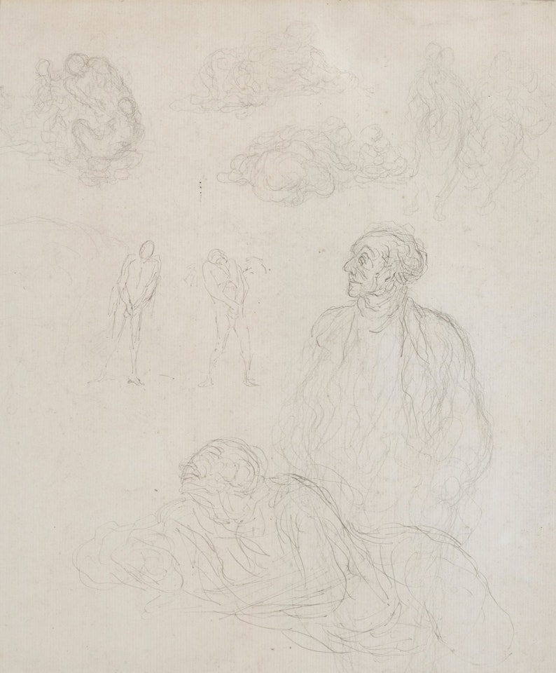 Recto: Feuille d'etudes avec une femme accoudee et un homme debout Verso: Feuille d'etudes avec un couple dans un paysage by Honoré Daumier