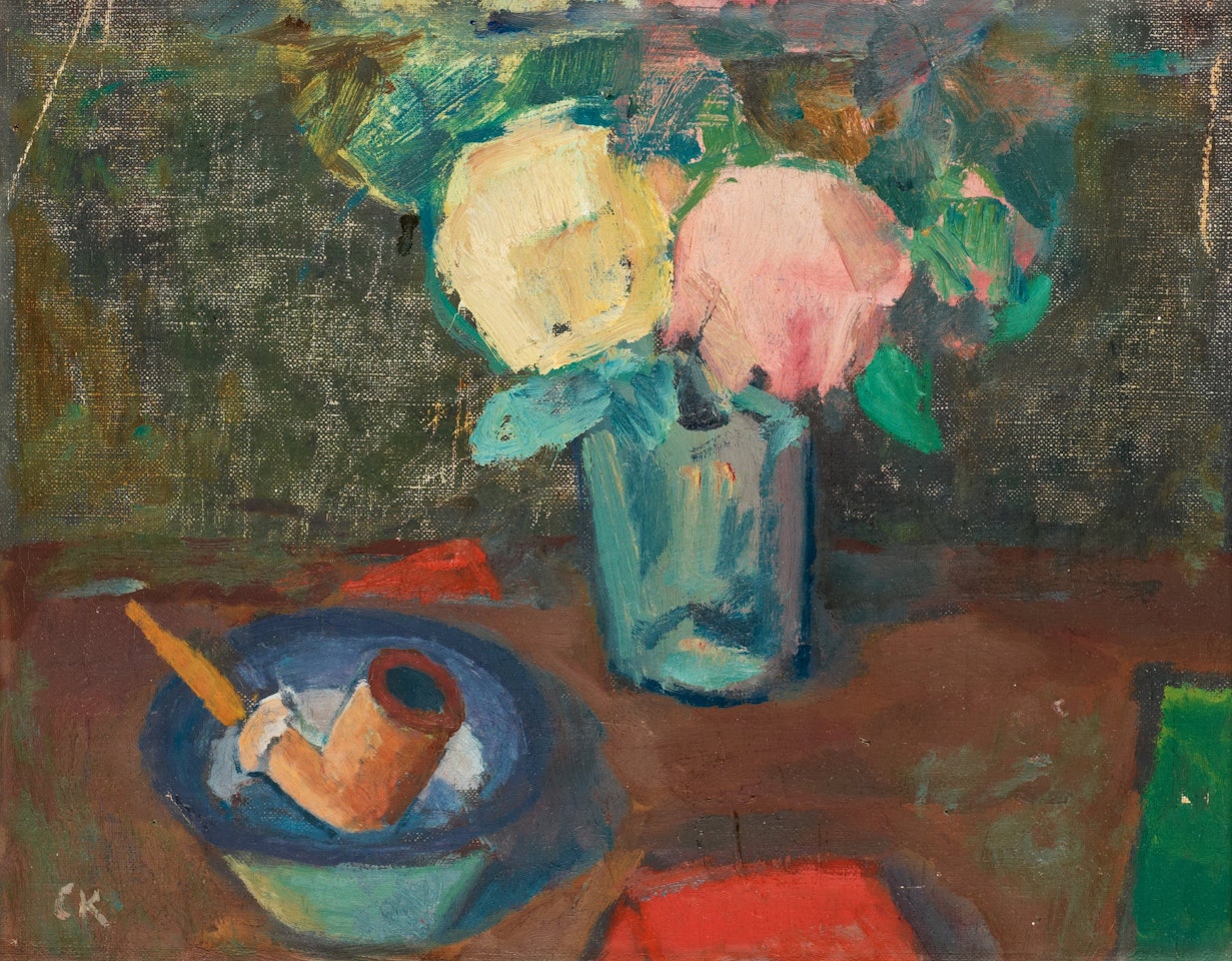 "Uppställning med rosor och pipa" (Still life with roses) by Carl Kylberg