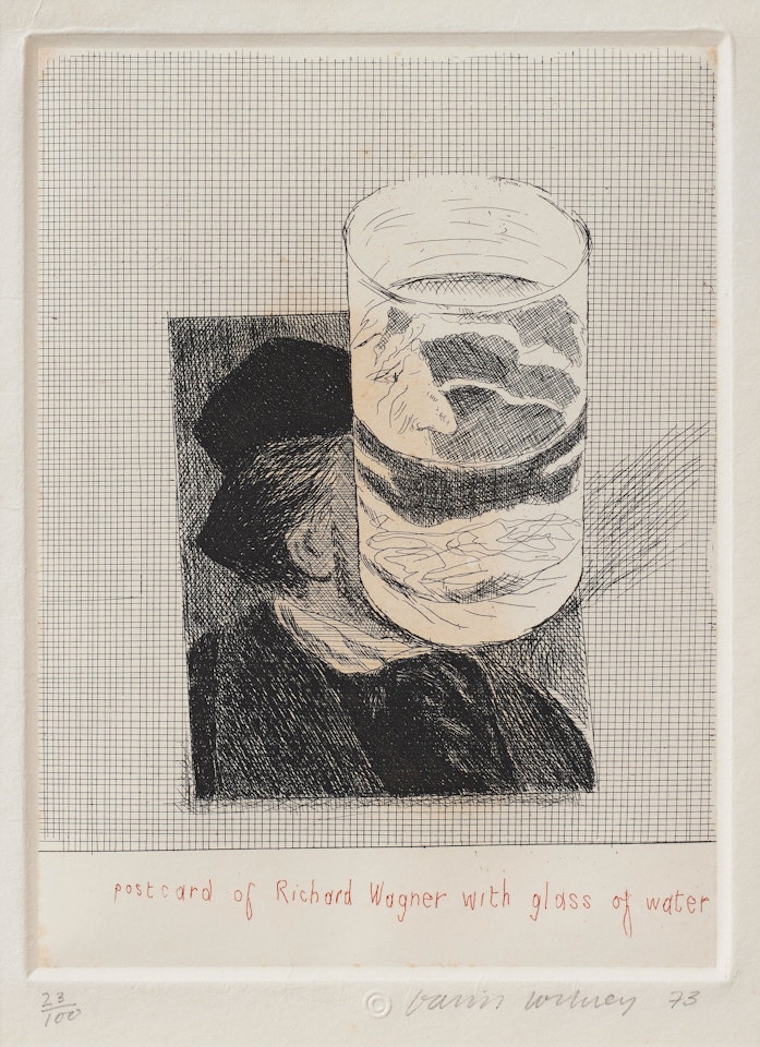 "Postcard of Richard Wagner with a Glass of Water" by David Hockney